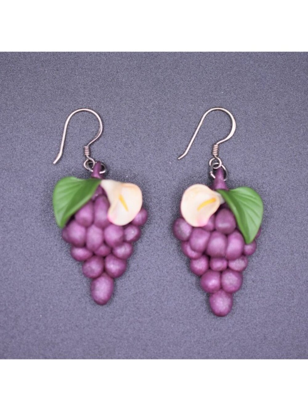 Grape Cluster Dangle Earrings With Calla Lily Design Handmade Purple & Green 2 I
